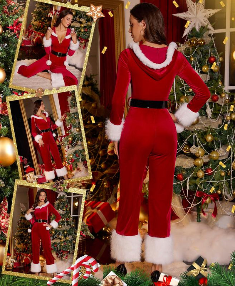 RSLOVE Women'S Christmas Jumpsuit - Velvet Santa Costume Faux Fur Trim One Piece Holiday Xmas Outfit with Belt Red