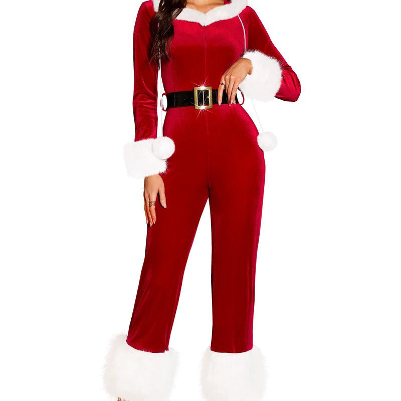 RSLOVE Women'S Christmas Jumpsuit - Velvet Santa Costume Faux Fur Trim One Piece Holiday Xmas Outfit with Belt Red