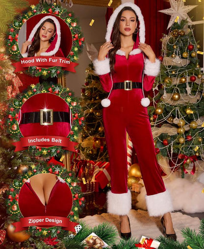 RSLOVE Women'S Christmas Jumpsuit - Velvet Santa Costume Faux Fur Trim One Piece Holiday Xmas Outfit with Belt Red