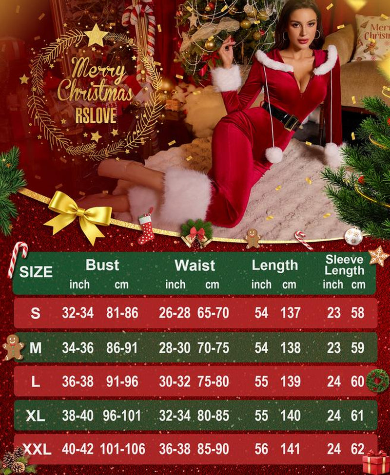 RSLOVE Women'S Christmas Jumpsuit - Velvet Santa Costume Faux Fur Trim One Piece Holiday Xmas Outfit with Belt Red